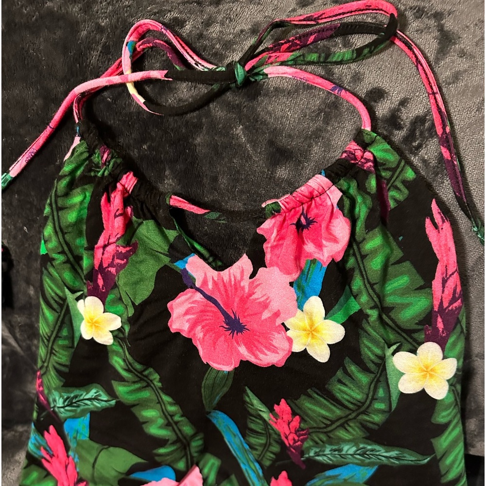 Colleen Lopez Halter Dress Vibrant Hibiscus Rayon Spandex Knee Length Large - Picture 8 of 13